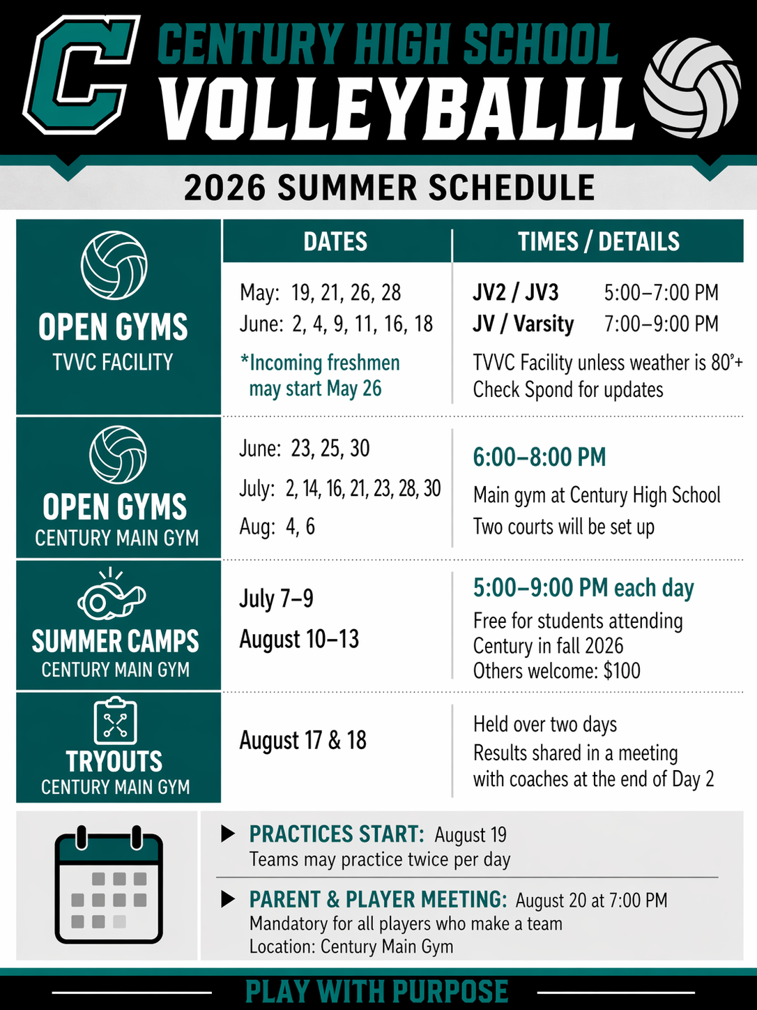 Century Girls Volleyball Summer 2026 Schedule